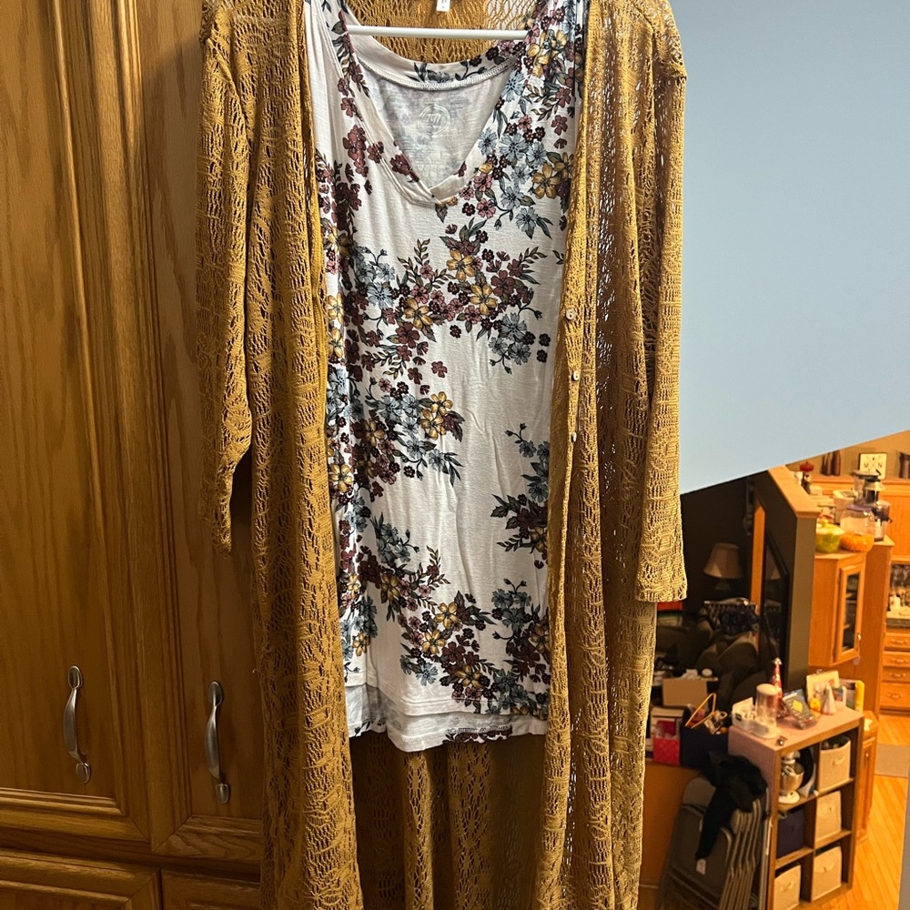 Floral Tank with Mustard Lace Cardigan